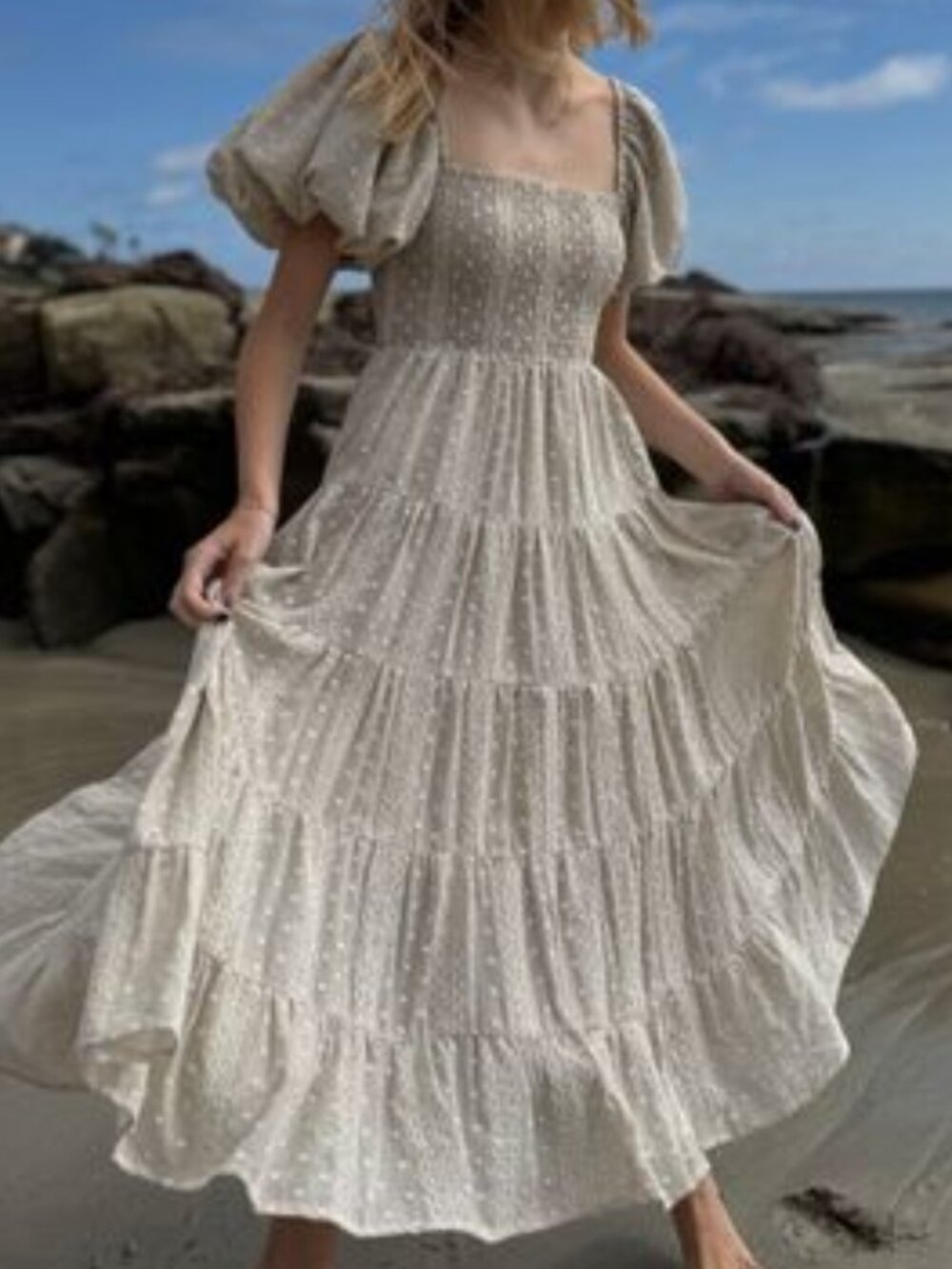 Vignette Embroidered Linen Smocked Dress NWT